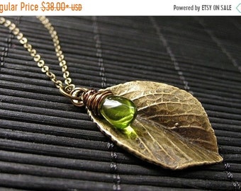 SUMMER SALE Leaf Necklace. Bronze Leaf Pendant with Wire Wrapped Green Teardrop. Handmade Jewelry.