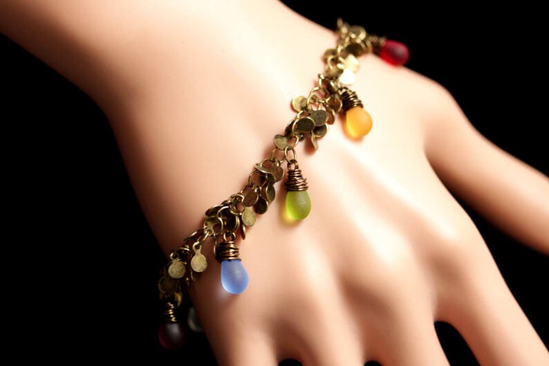 Handmade Jewelry. Cluster Bracelet Teardrop Bracelet Teardrop Charm Bracelet Bronze Bracelet Rainbow Bracelet