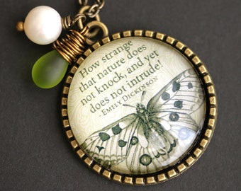 Nature Does Not Knock Necklace. Emily Dickinson Quote Necklace with Glass Teardrop and Fresh Water Pearl. Dickinson Necklace. Moth Necklace.
