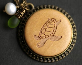 Wood Tortoise Necklace. Sea Turtle Pendant. Wooden Necklace with Glass Teardrop and Fresh Water Pearl. Bronze Necklace. Handmade Jewelry.