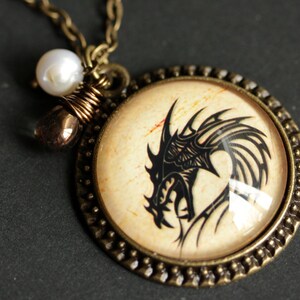 Dragon Necklace. Medieval Dragon Pendant with Coppery Brown Teardrop and Fresh Water Pearl Charm. Bronze Necklace. Handmade Necklace.