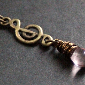 Music Necklace. Treble Clef Necklace. Pink Teardrop Necklace. Musical Note Necklace in Bronze. Handmade Jewelry.