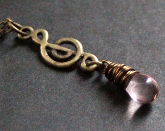 Music Necklace. Treble Clef Necklace. Pink Teardrop Necklace. Musical Note Necklace in Bronze. Handmade Jewelry.