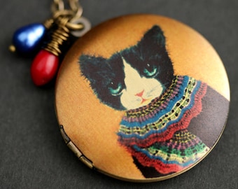 Winter Cat Locket Necklace. Tuxedo Cat Necklace with Red Coral Teardrop and Blue Fresh Water Pearl. Winter Necklace. Bronze Photo Locket.
