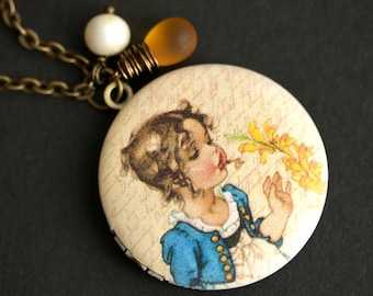 Flower Girl Locket Necklace. Vintage Girl Necklace with Honey Teardrop and White Pearl Charm. Blue and Yellow Photo Lock