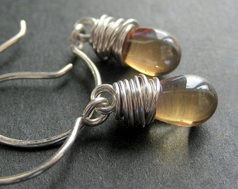 STERLING SILVER Dangle Earrings - Champagne Taupe Drop Earrings. Wire Wrapped Earrings. Handmade Jewelry.