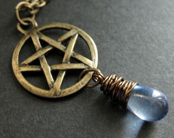 Bronze Pentagram Necklace. Teardrop Necklace. Blue Necklace. Wiccan Necklace. Handmade Jewelry.