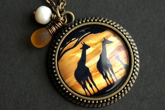 Giraffe Necklace. Africa Pendant With Frosted Honey Teardrop and  