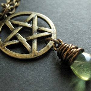 Pagan Necklace. Bronze Pentacle Necklace. Green Necklace. Teardrop Necklace. Handmade Jewelry.