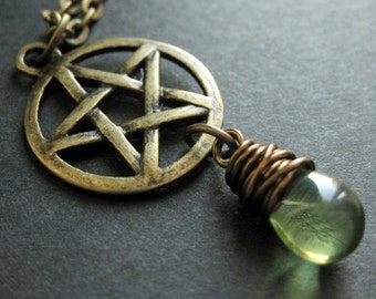 Pagan Necklace. Bronze Pentacle Necklace. Green Necklace. Teardrop Necklace. Handmade Jewelry.