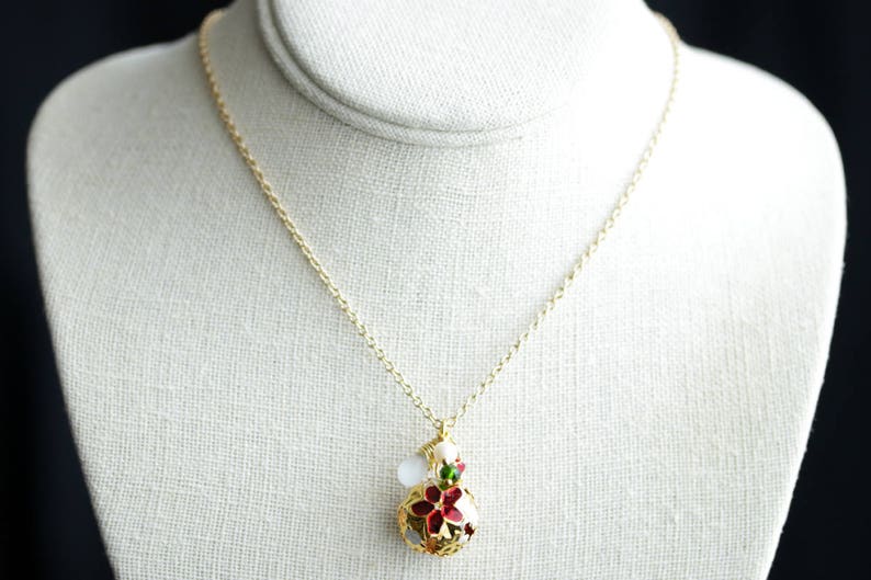 Holiday Bell Necklace. Christmas Necklace in Red and Green. Gold Bell Necklace. Holiday Necklace. Poinsettia Necklace. Handmade Jewelry. image 6