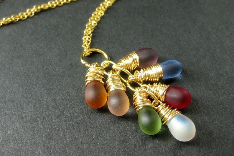 Gold Wire Wrapped Cluster Necklace with Frosted Glass Teardrop Pendant Necklace. Handmade Jewelry. image 1