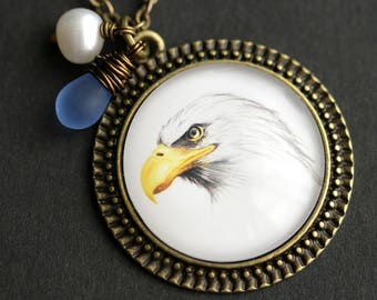 Bald Eagle Necklace. Bald Eagle Pendant. Bird Necklace with Glass Teardrop and Fresh Water Pearl. Bird Pendant. Bronze Necklace.