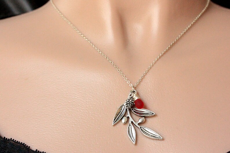 Silver Branch Necklace. Olive Branch Charm Necklace With Glass Etsy