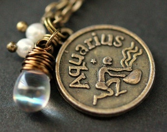 Aquarius Necklace. Zodiac Necklace. Sun Sign Charm Necklace with Glass Teardrop and Pearls. Handmade Jewelry.