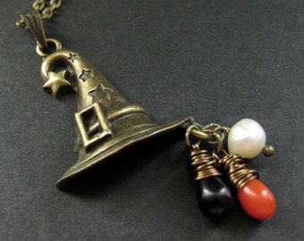 Witch Hat Necklace. Halloween Necklace with Orange Coral, Black Teardrop and Fresh Water Pearl. Charm Necklace. Handmade Jewellery.