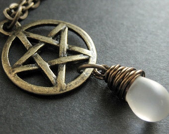 Bronze Pentacle Necklace. Pagan Necklace. Pale Frost Teardrop Pendant Necklace. Handmade Wicca Jewelry.