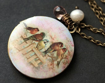 Bird Family Necklace. Bird Locket Necklace. Summer Garden Locket. Bird Necklace. Bronze Necklace with Pink Teardrop and Pearl.