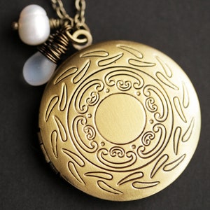 Floral Wreath Locket. Stamped Brass Locket Necklace with Glass Teardrop and Fresh Water Pearl. Bronze Locket. Handmade Jewelry.