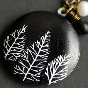 Black and White Tree Locket Necklace. Forest Necklace with Black Teardrop and Fresh Water Pearl. Tree Necklace. Bronze Locket.