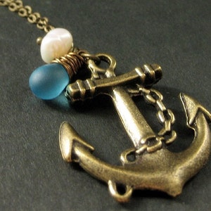 Anchor Pendant Necklace. Sailor Necklace in Bronze with Turquoise Teardrop and Pearl. Handmade Jewelry. image 1