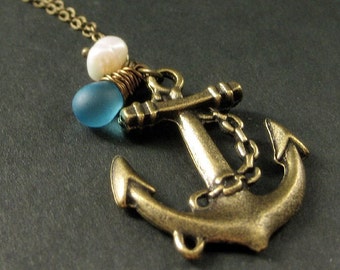 Anchor Pendant Necklace. Sailor Necklace in Bronze with Turquoise Teardrop and Pearl. Handmade Jewelry.