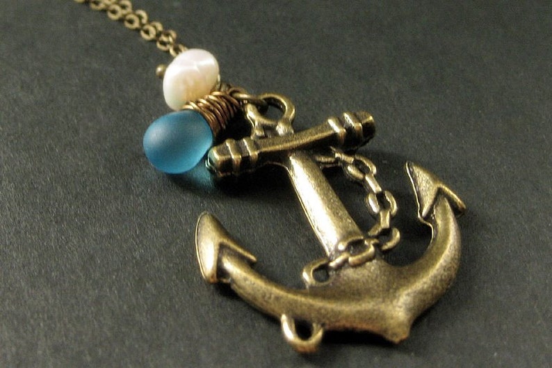 Anchor Pendant Necklace. Sailor Necklace in Bronze with Turquoise Teardrop and Pearl. Handmade Jewelry. image 1