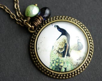 Peacock Necklace. Peacock Pendant. Bird Necklace with Dark Blue Teardrop and Light Green Fresh Water Pearl. Bronze Necklace.