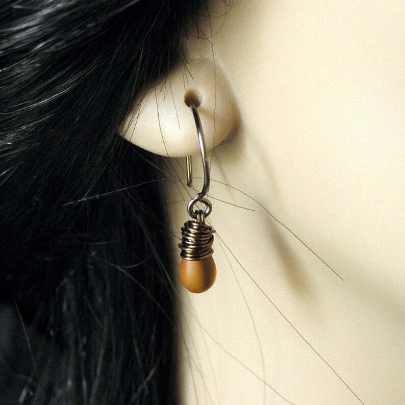 BRONZE Earrings Frosted Honey Drop Earrings, Wire Wrapped Teardrop Earrings. Handmade Jewelry. image 4