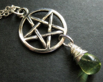 Wiccan Necklace. Silver Pentagram Necklace. Teardrop Necklace. Green Necklace. Handmade Jewelry.