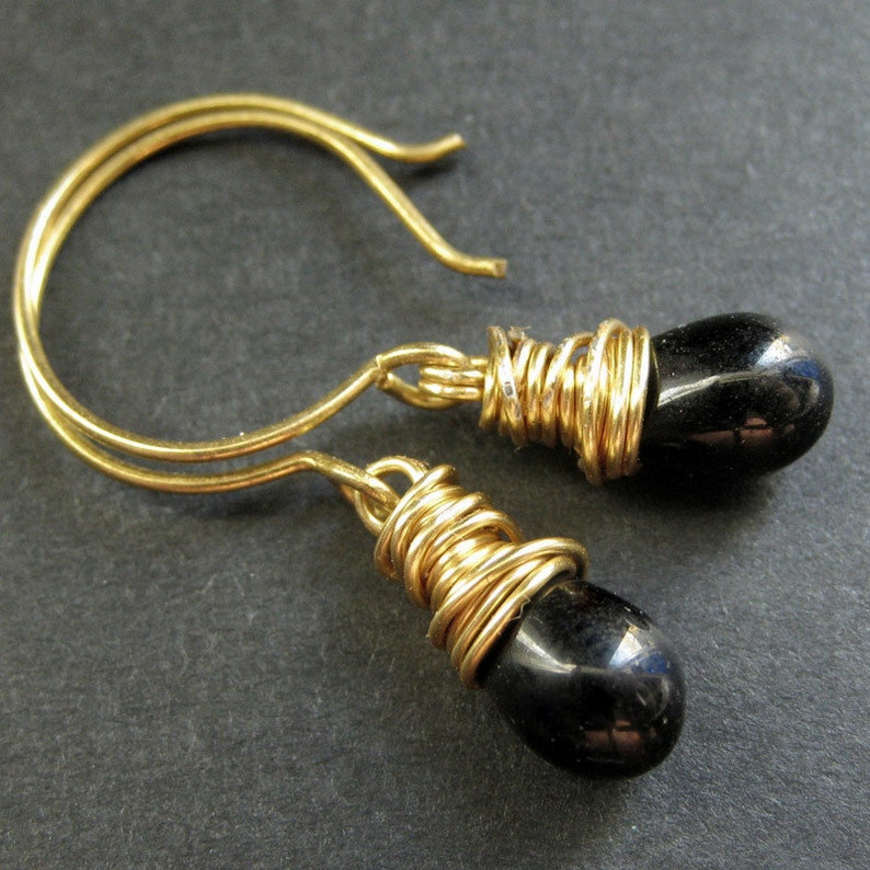 Black Earrings Black Teardrop Earrings Wire Wrapped in Gold. Handmade Jewelry. image 2