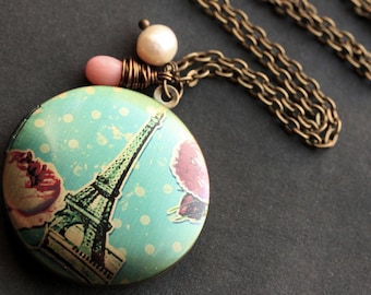 Eiffel Tower Locket Necklace. Spring in Paris Necklace with Coral Teardrop and Fresh Water Pearl. Eiffel Tower Necklace. Handmade Jewelry.