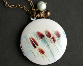 Cattails Necklace. Bulrush Necklace. Reedmace Locket Necklace with Brown Teardrop and Aqua Blue Pearl Charm. Typha Necklace. Photo Locket.