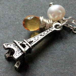 Silver Eiffel Tower Necklace. Eiffel Tower Charm Necklace with Purple Teardrop and Pearl. Handmade Jewellery.