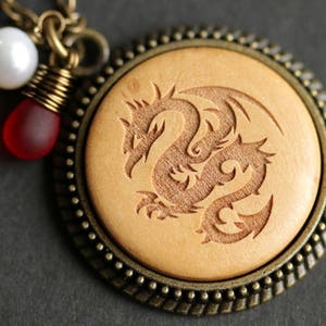 Wood Dragon Necklace. Dragon Pendant. Wooden Necklace with Wire Wrapped Teardrop and Fresh Water Pearl. Bronze Necklace. Handmade Jewelry.