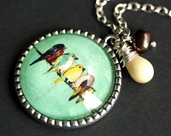 Birds on a Wire Necklace. Silver Tree Pendant. Bird Necklace with Beige Teardrop and Brown Fresh Water Pearl. Aqua Green Necklace.