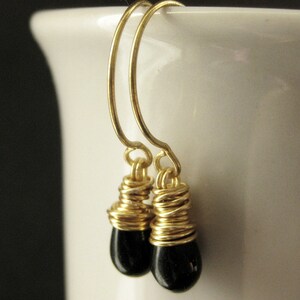 Black Earrings Black Teardrop Earrings Wire Wrapped in Gold. Handmade Jewelry. image 4