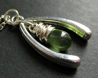 Wishbone Necklace. Lucky Charm Necklace in Silver with Wire Wrapped Green Teardrop. Handmade Jewelry.