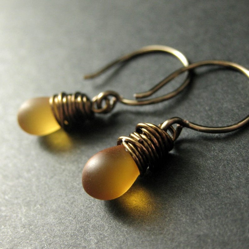 BRONZE Earrings Frosted Honey Drop Earrings, Wire Wrapped Teardrop Earrings. Handmade Jewelry. image 3