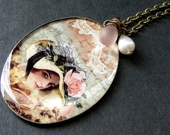 Lady Necklace Pendant with Soft Pink Wire Wrapped Teardorp and Fresh Water Pearl. Handmade Jewelry.