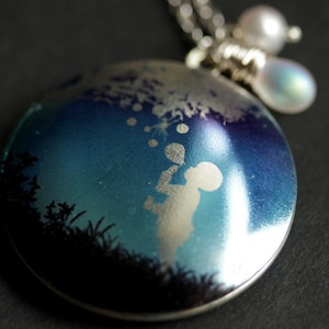 Blowing Bubbles Locket Necklace. Handmade Silhouette Necklace. Blue and Silver Locket Necklace with Frosted Teardrop and Fresh Water Pearl.