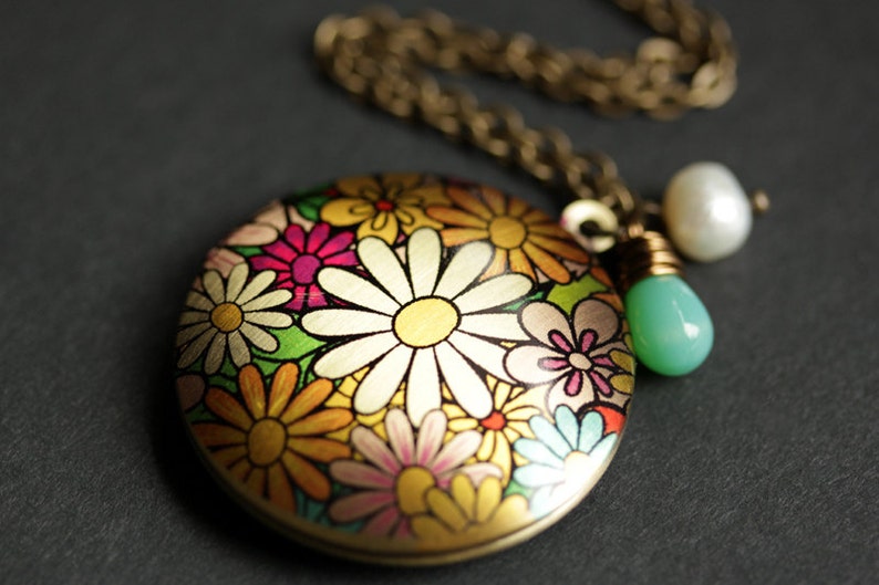 Hippie Flower Locket Necklace. Daisy Flower Necklace. Floral Locket with Turquoise Glass Teardrop and Fresh Water Pearl. Bronze Necklace. image 2