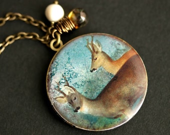 Deer Locket Necklace. Young Bucks Necklace. Deer Necklace with Glass Teardrop and White Pearl Charm. Picture Locket. Bronze Necklace.