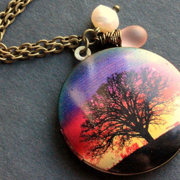 Sunset Locket Necklace. Tree Locket Necklace. Charm Necklace with Pink Wire Wrapped Teardrop and Pearl.