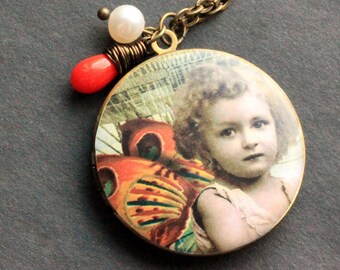 Orange Fairy Necklace. Fairy Locket Necklace with Coral Teardrop and Pearl. Handmade Jewelry.