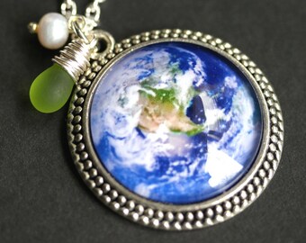 Save the Planet Necklace. Planet Earth Pendant with Fresh Water Pearl and Green Teardrop. Earth Necklace. Handmade Necklace.