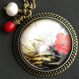 Red Poppy Necklace. Poppy Pendant. Red Flower Necklace with Red Coral Teardrop and Fresh Water Pearl. Red Necklace. Bronze Necklace.