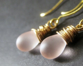 14K GOLD Wire Wrapped Earrings - Sweet Pink Frosted Glass Teardrop Earrings. Handmade Jewelry.