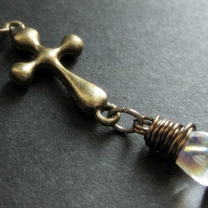 Christian Necklace. Clear Teardrop Necklace. Bronze Cross Necklace. Handmade Jewelry. image 1