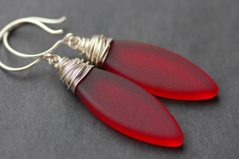 Red Seaglass Earrings. Seaglass Dangle Earrings. Marquis Style Frosted Earrings. Wire Wrapped Earrings. Handmade Jewelry. image 3